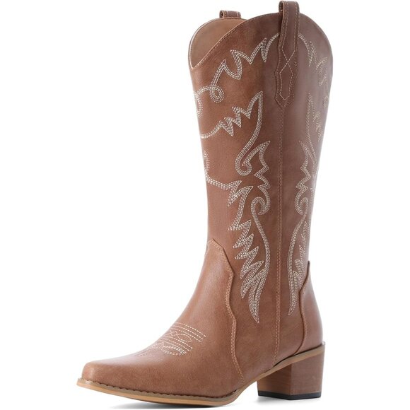 Shoes - ⚡Women's Wheat Pointy Toe Mid Calf Embroidery Western Cowgirl Boots Pull On